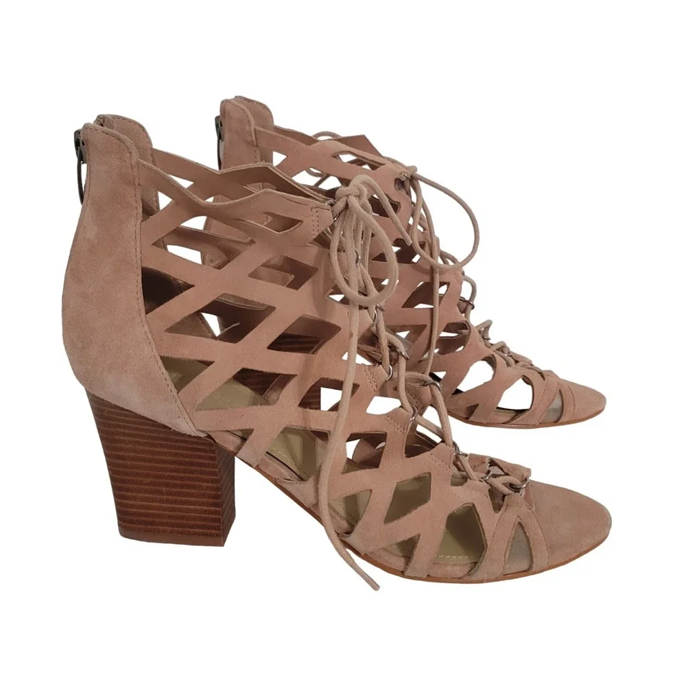 Marc Fisher Blair Sandal 9 Pink Cutout‎ Caged Suede Boho Hippie Neutral Chunky